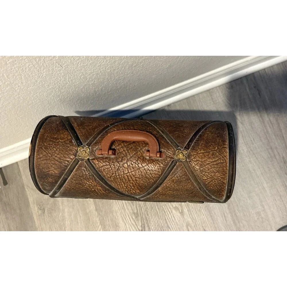Vtge 30th wooden Box Covered by Natural leather Treasure Cheat Design, Domed Lid